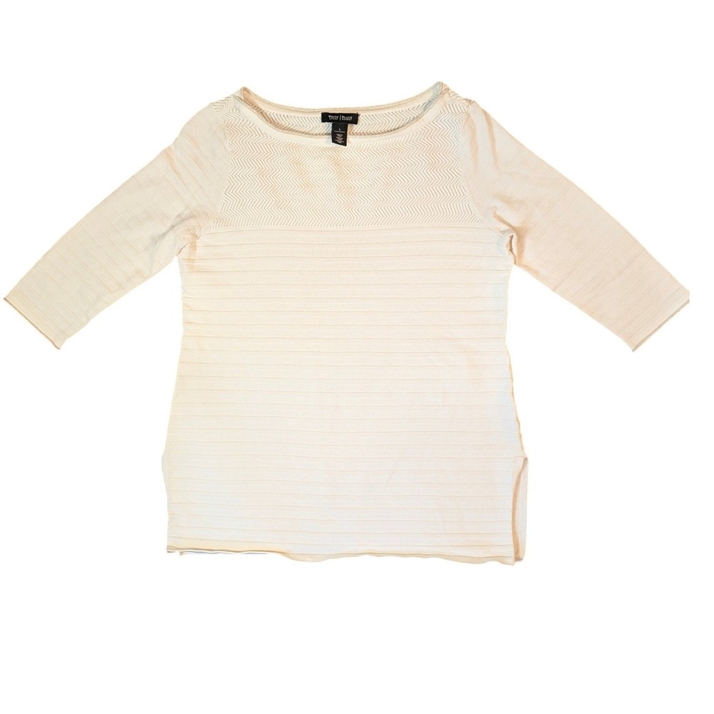 White House Black Market Cream Chevron Pointelle Ribbed Knit Top Gold Trim L